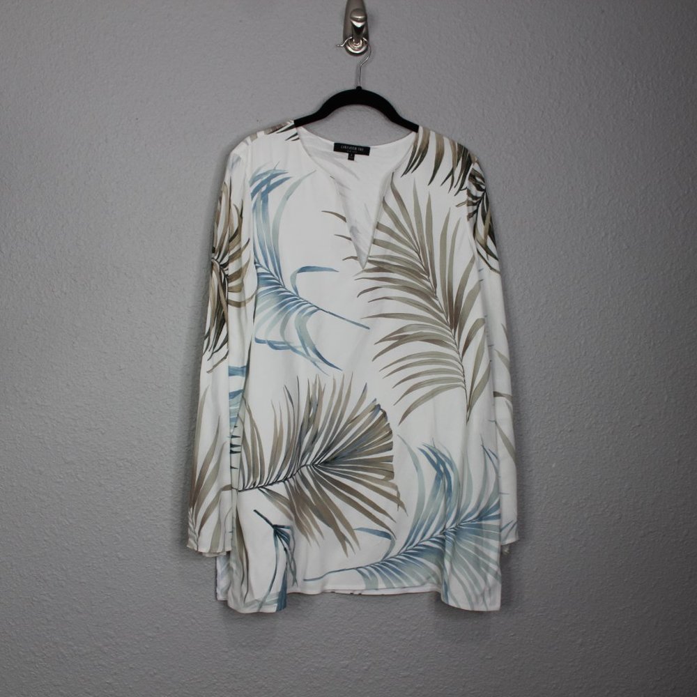 Lafayette 148 Cream Leaf Print Split Sides Long Sleeve Tunic sz S - Picture 2 of 6